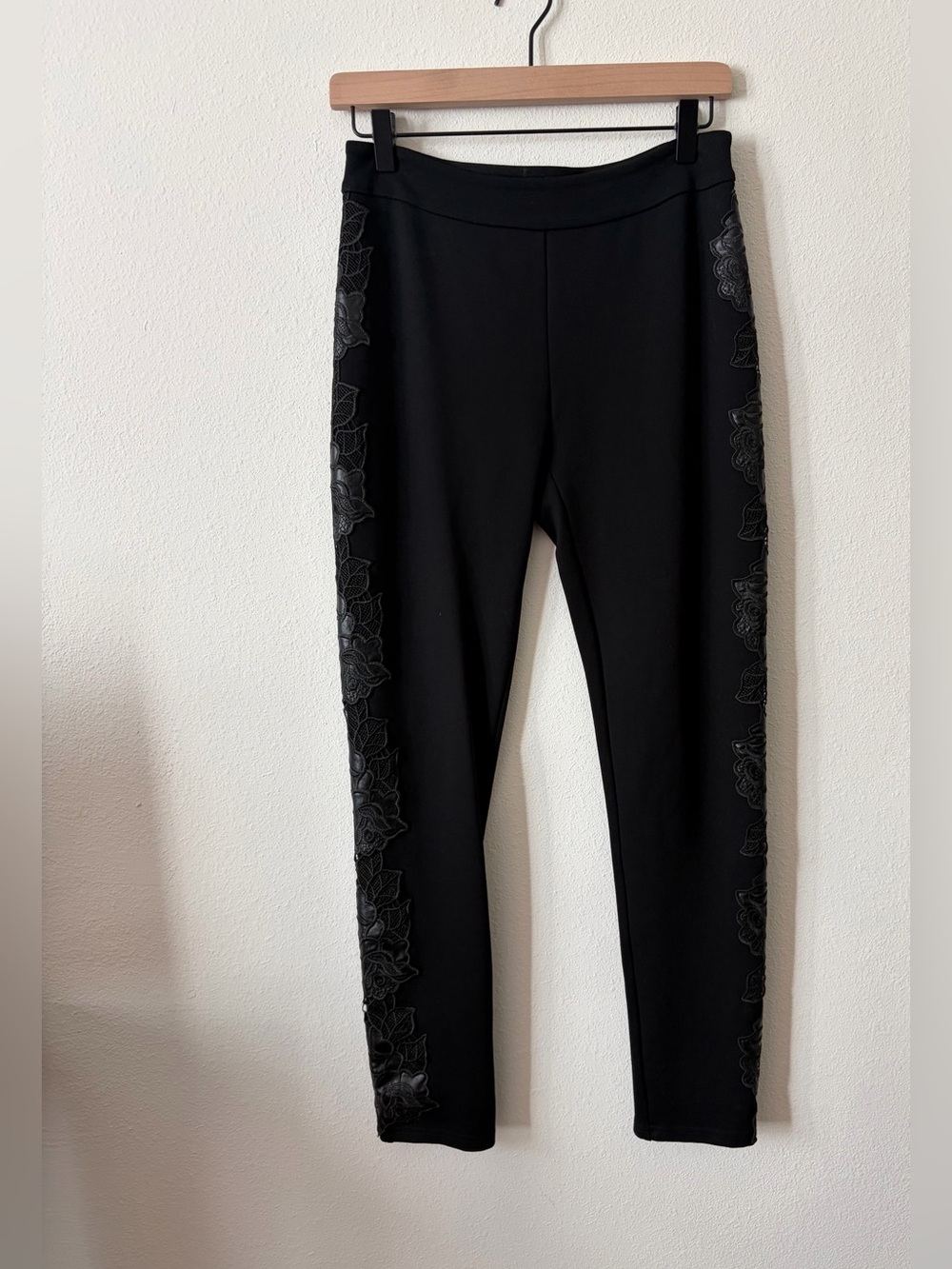 Anne Fontaine Vonya Legging Black Faux Leather Rose Lace Trim Size 38 US 4/6